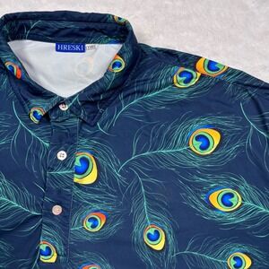 Hreski Peacock Feather Polo Shirt Mens XXL Navy Blue Bird Performance Golf LOUD
